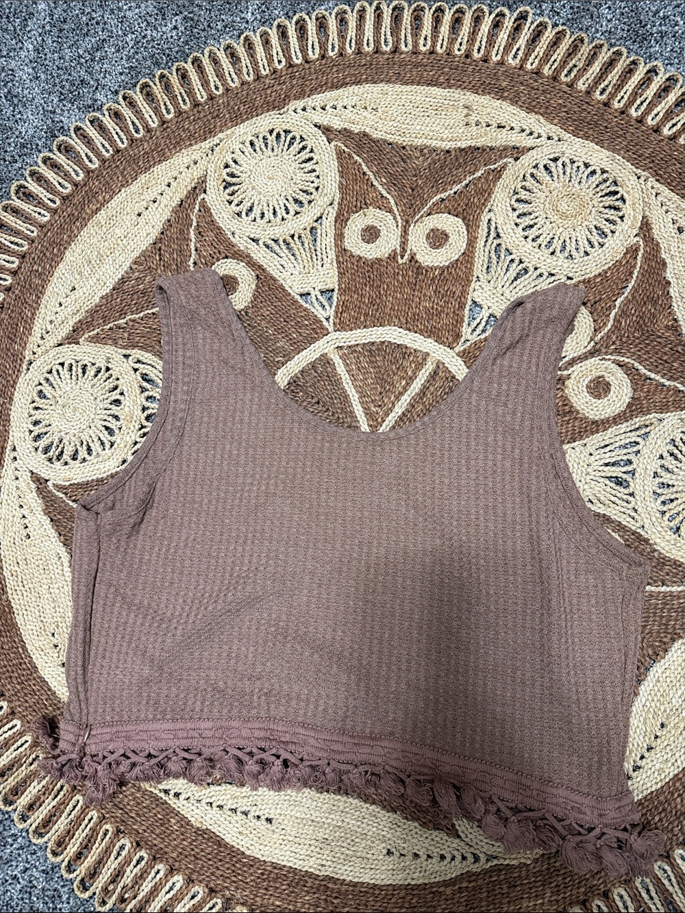 SHEIN Mauve Brown Ribbed Cropped Tank with Fringe Hem